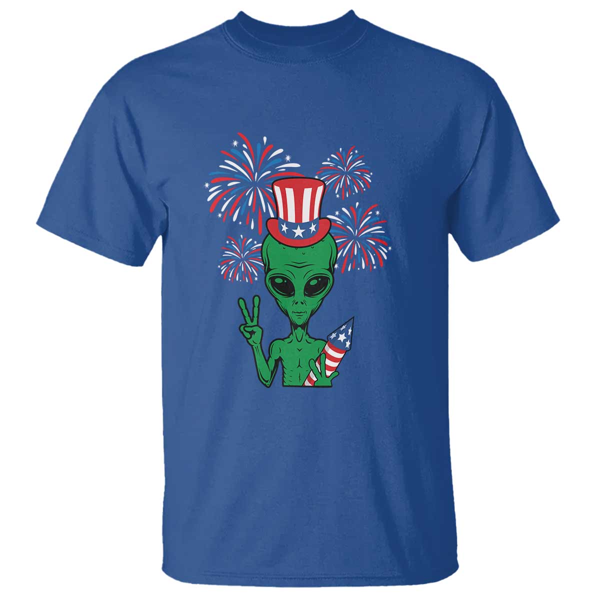 Funny Fourth Of July Alien T Shirt American USA Flag Fireworks - Wonder Print Shop