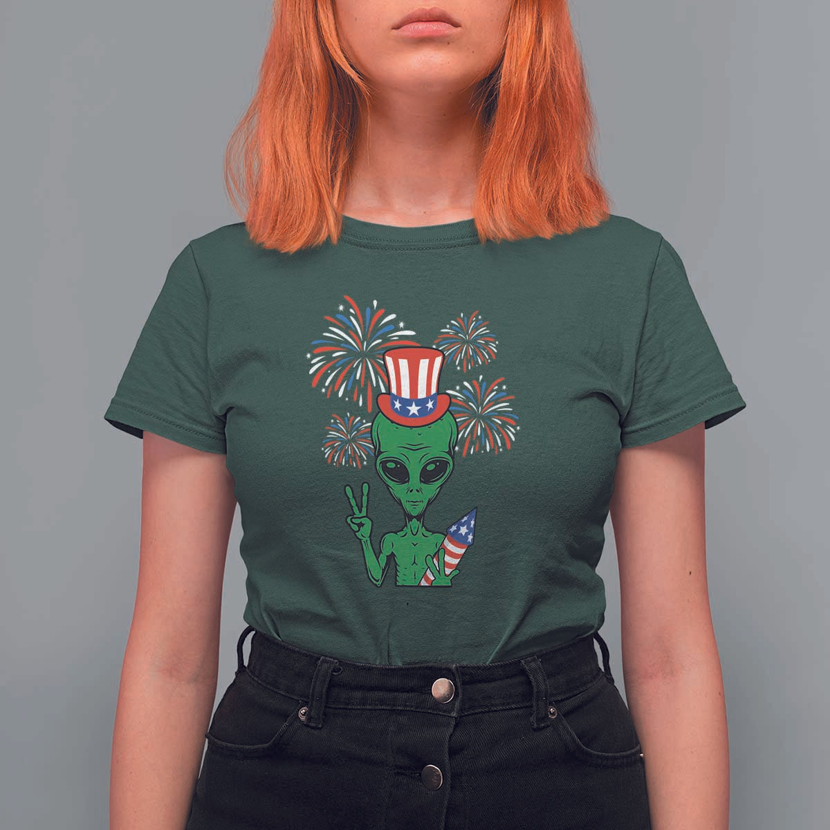 Funny Fourth Of July Alien T Shirt For Women American USA Flag Fireworks - Wonder Print Shop