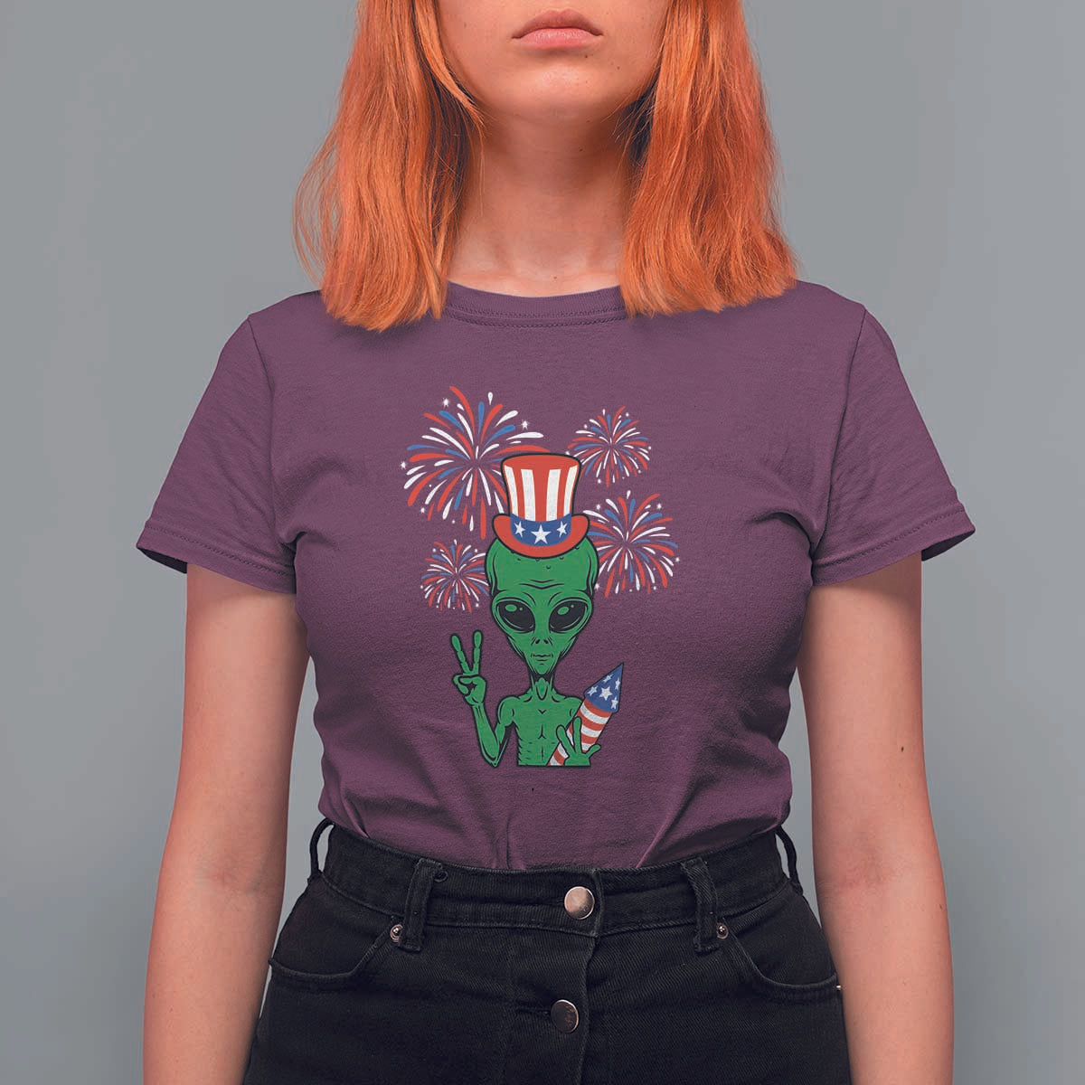Funny Fourth Of July Alien T Shirt For Women American USA Flag Fireworks - Wonder Print Shop