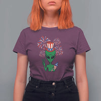 Funny Fourth Of July Alien T Shirt For Women American USA Flag Fireworks - Wonder Print Shop