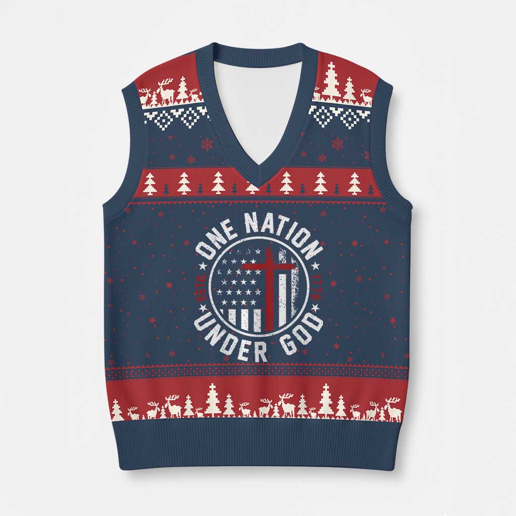 Funny One Nation Under God ESTD 1776 V-Neck Knit Sweater Vest 4th Of July Patriotic Christian - Wonder Print Shop