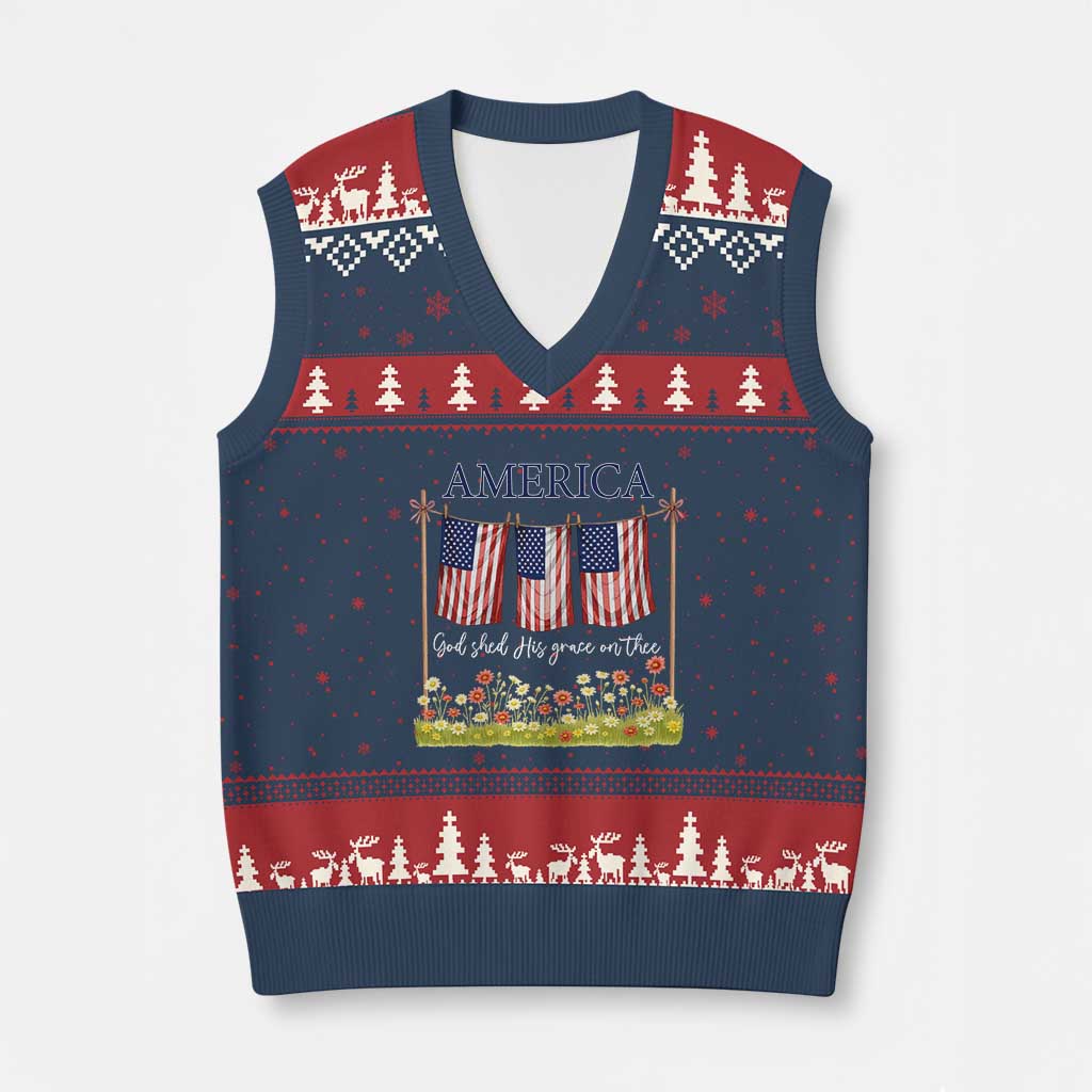 Funny America God Shed His Grace On Thee V-Neck Knit Sweater Vest 4th Of July Christian American Flag - Wonder Print Shop