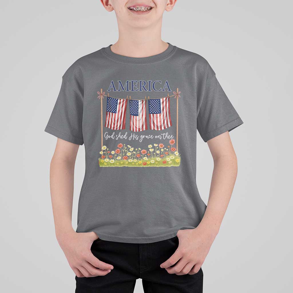 Funny America God Shed His Grace On Thee T Shirt For Kid 4th Of July Christian American Flag - Wonder Print Shop