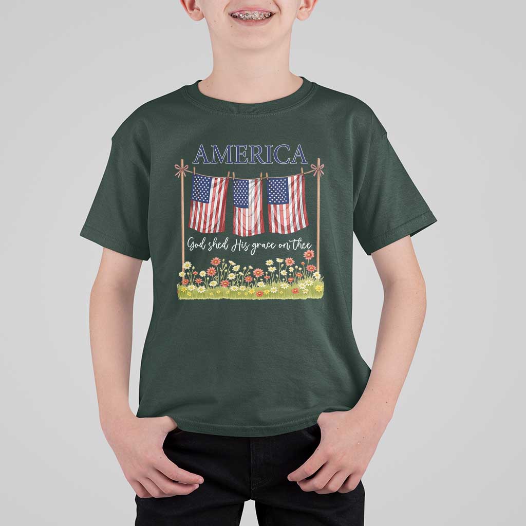 Funny America God Shed His Grace On Thee T Shirt For Kid 4th Of July Christian American Flag - Wonder Print Shop