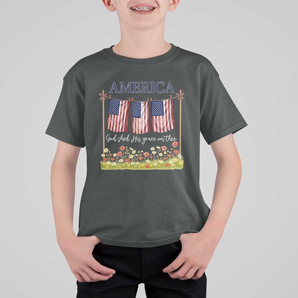 Funny America God Shed His Grace On Thee T Shirt For Kid 4th Of July Christian American Flag - Wonder Print Shop
