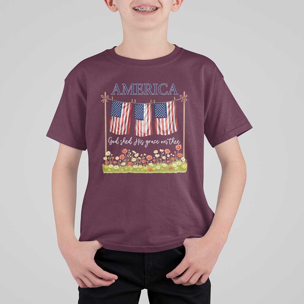 Funny America God Shed His Grace On Thee T Shirt For Kid 4th Of July Christian American Flag - Wonder Print Shop