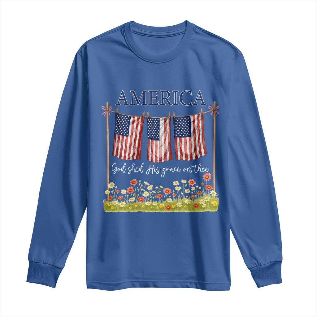 Funny America God Shed His Grace On Thee Long Sleeve Shirt 4th Of July Christian American Flag - Wonder Print Shop