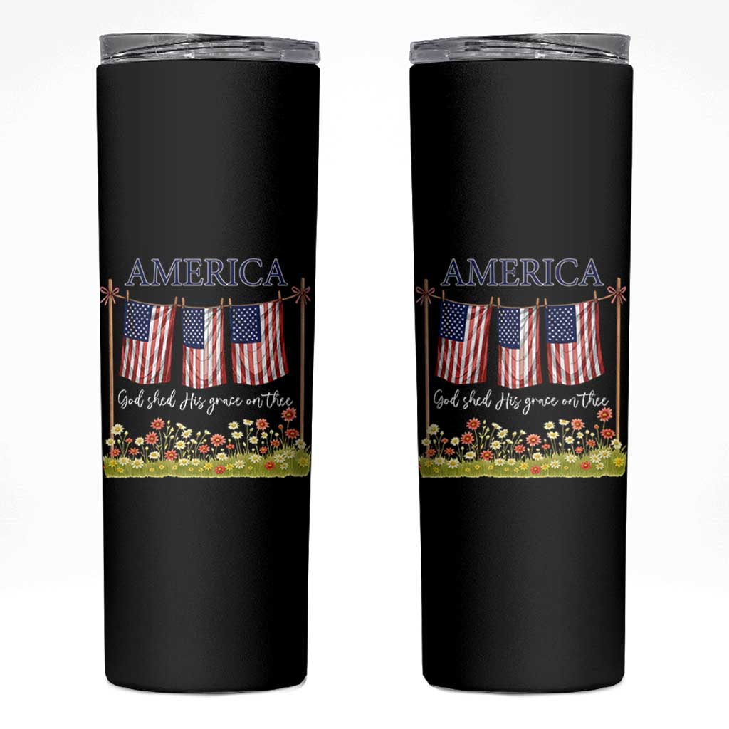 Funny America God Shed His Grace On Thee Skinny Tumbler 4th Of July Christian American Flag - Wonder Print Shop