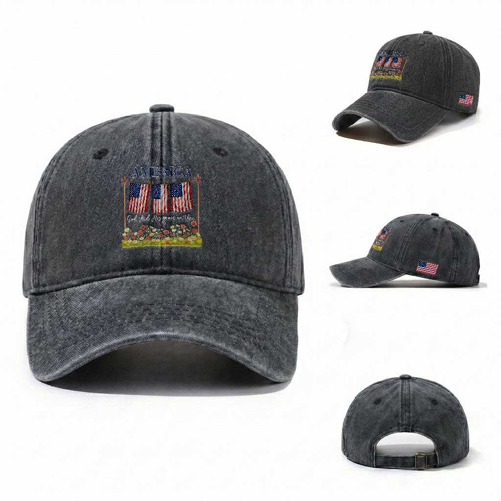 Funny America God Shed His Grace On Thee Washed Cotton Baseball Cap 4th Of July Christian American Flag