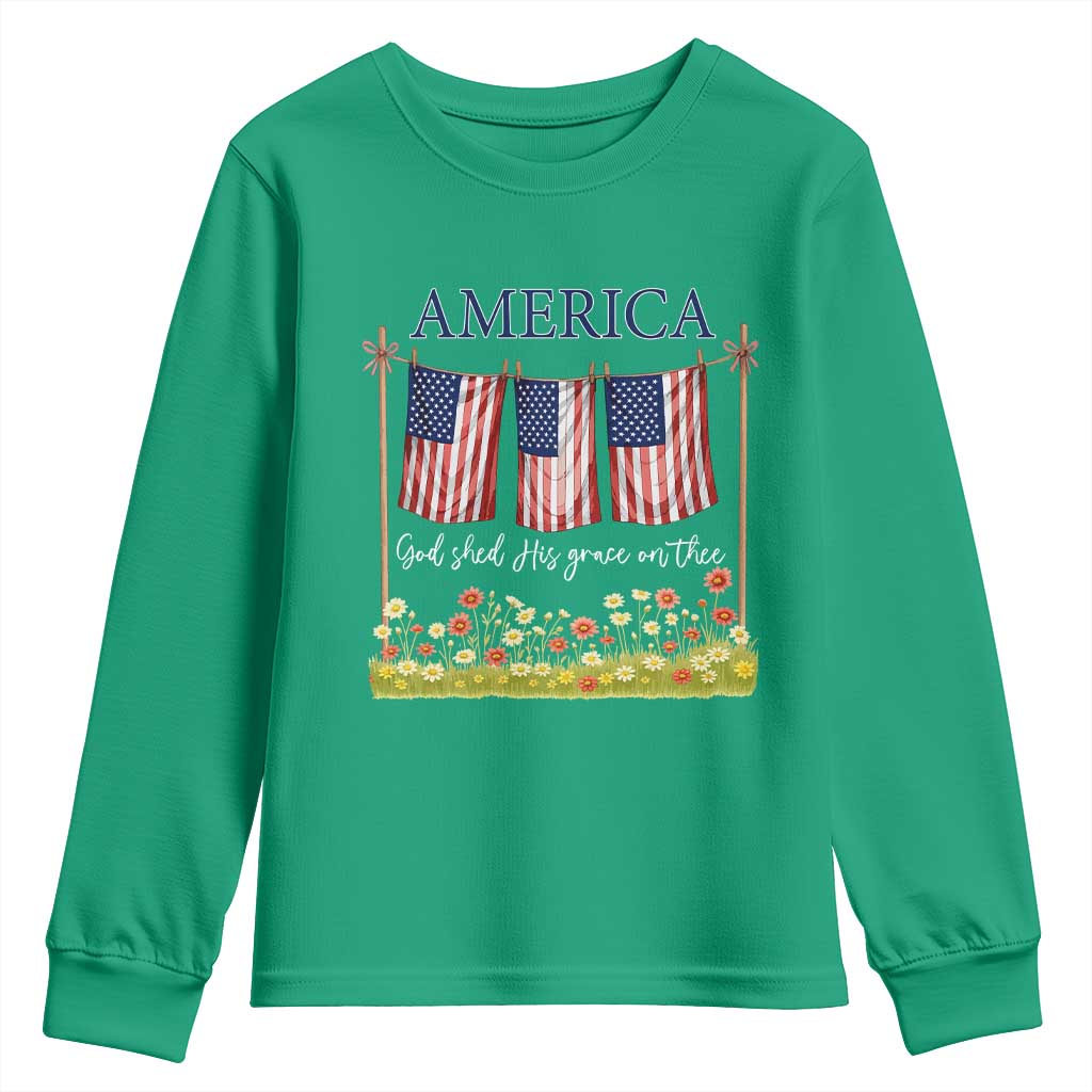 Funny America God Shed His Grace On Thee Youth Sweatshirt 4th Of July Christian American Flag - Wonder Print Shop