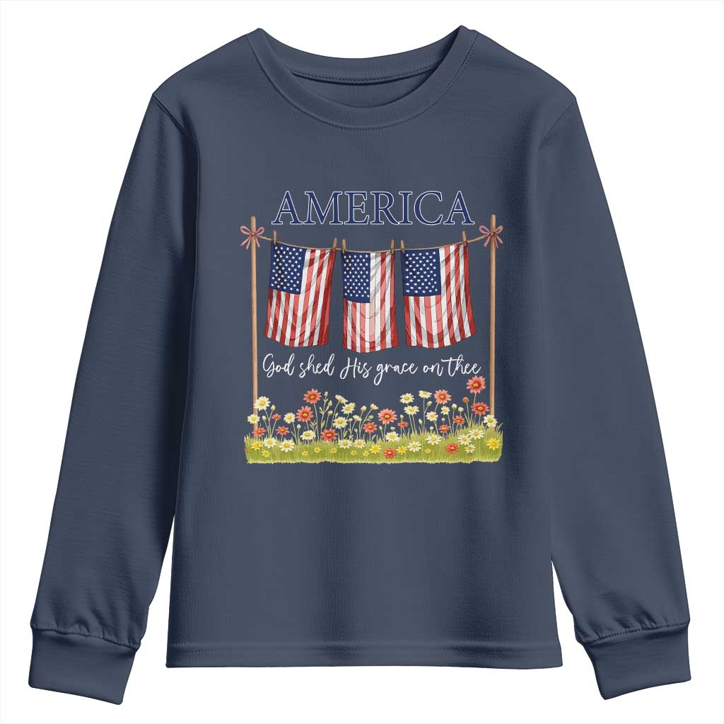 Funny America God Shed His Grace On Thee Youth Sweatshirt 4th Of July Christian American Flag - Wonder Print Shop