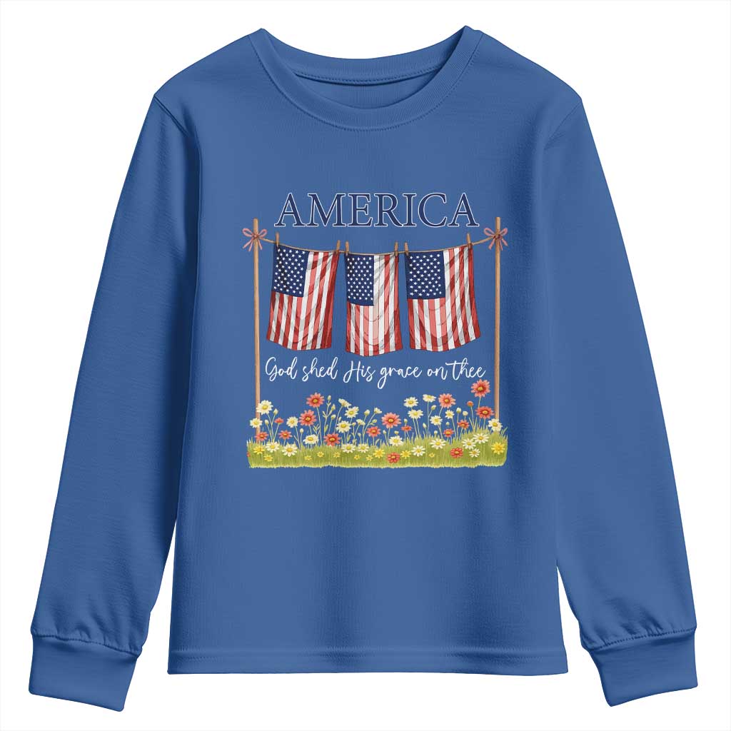 Funny America God Shed His Grace On Thee Youth Sweatshirt 4th Of July Christian American Flag - Wonder Print Shop