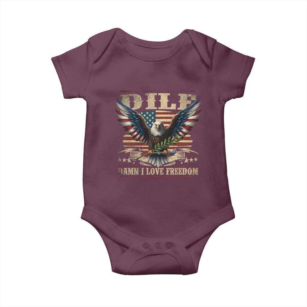 Funny 4th Of July DILF Damn I Love Freedom Baby Onesie Bald Eagle American Flag - Wonder Print Shop