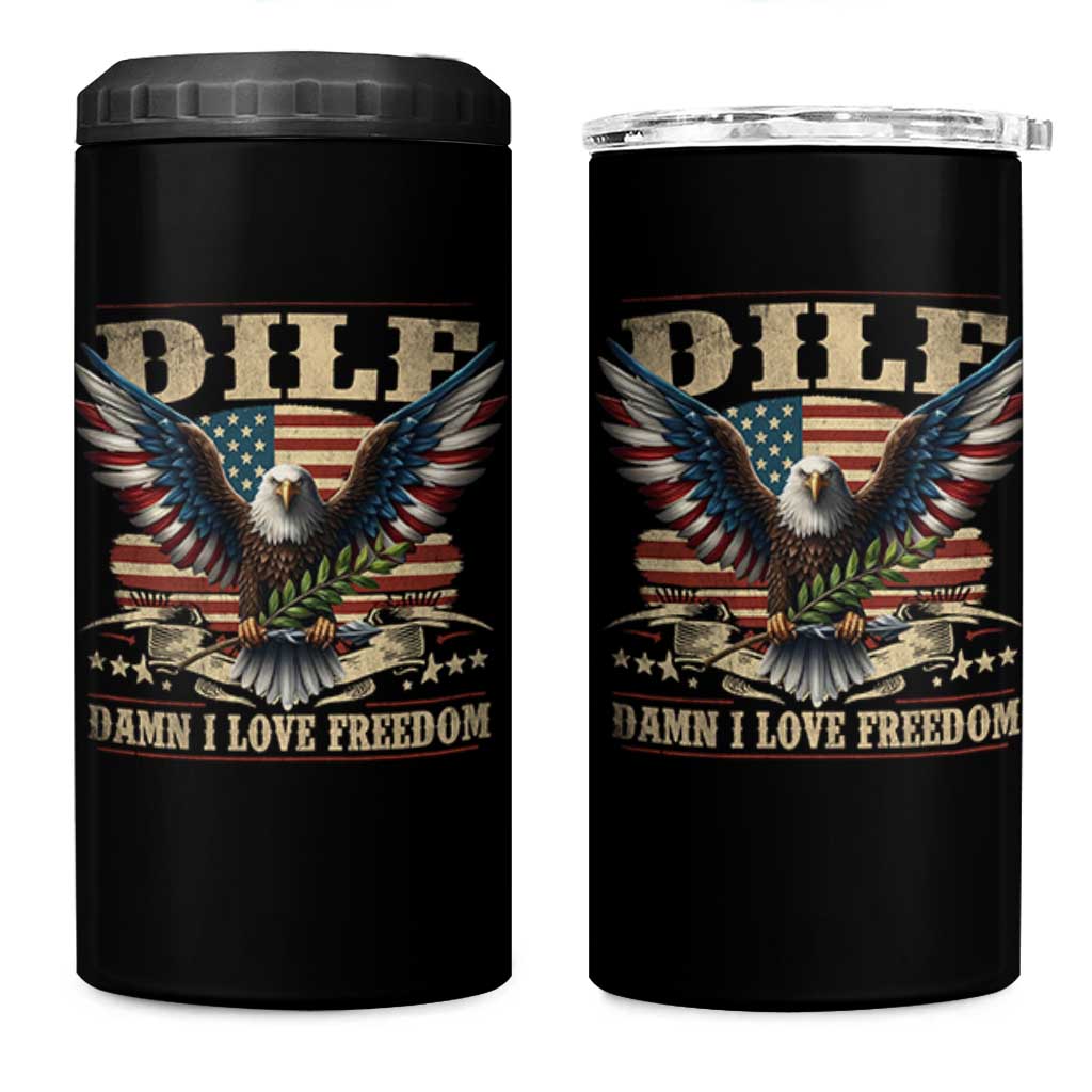 Funny 4th Of July DILF Damn I Love Freedom 4 in 1 Can Cooler Tumbler Bald Eagle American Flag - Wonder Print Shop