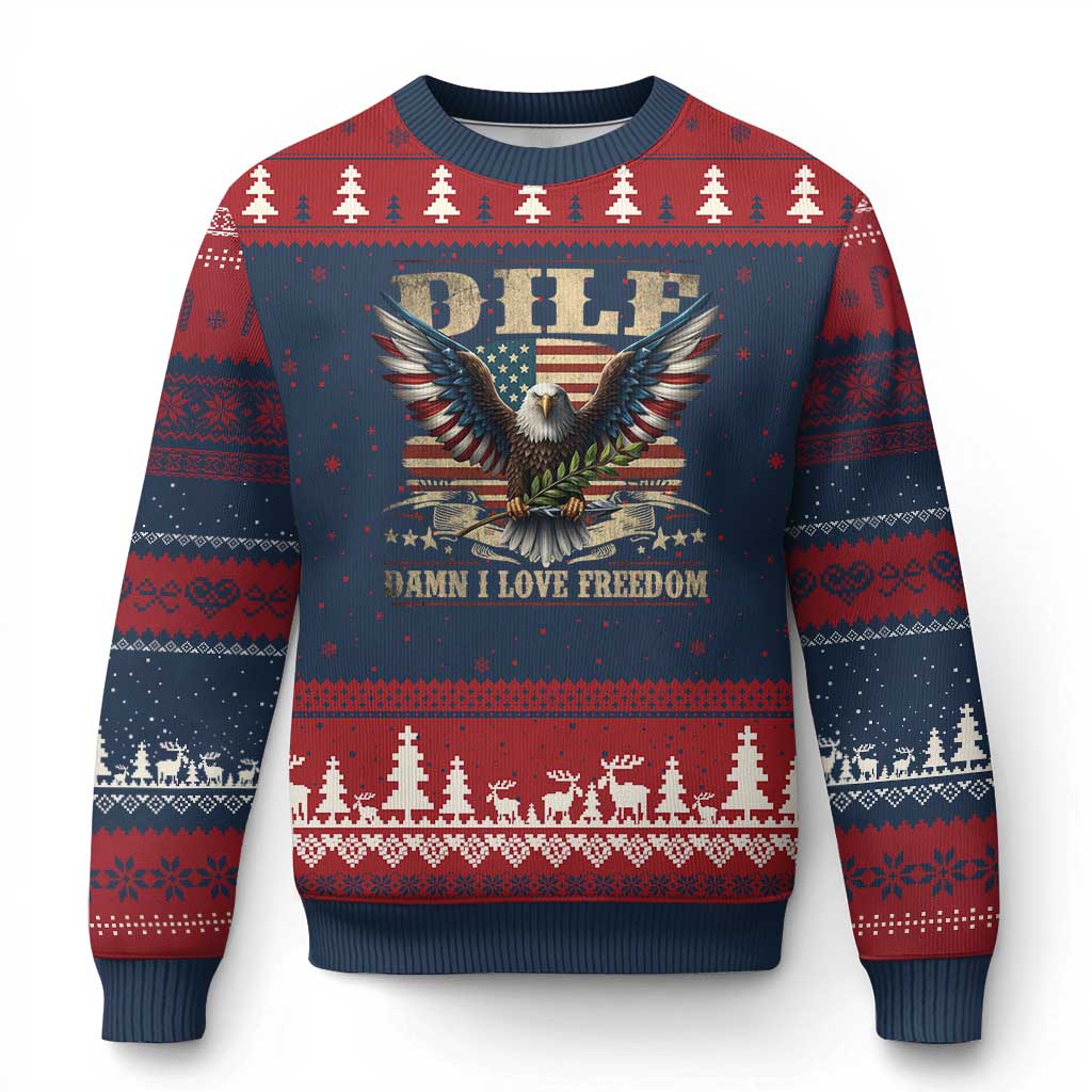 Funny 4th Of July DILF Damn I Love Freedom Ugly Christmas Sweater Bald Eagle American Flag - Wonder Print Shop
