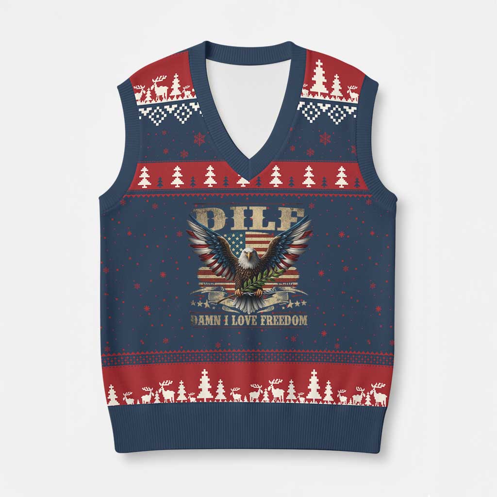 Funny 4th Of July DILF Damn I Love Freedom V-Neck Knit Sweater Vest Bald Eagle American Flag - Wonder Print Shop