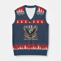 Funny 4th Of July DILF Damn I Love Freedom V-Neck Knit Sweater Vest Bald Eagle American Flag - Wonder Print Shop