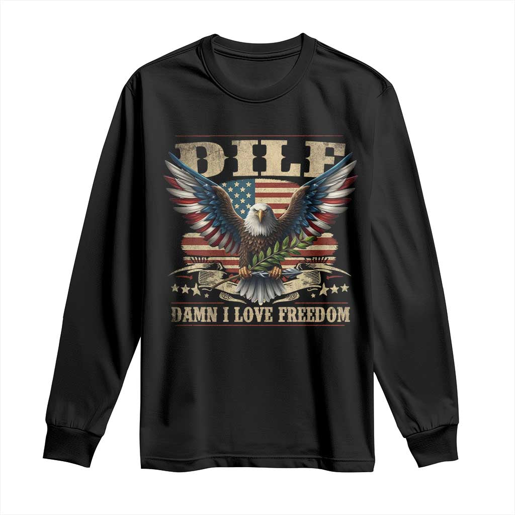 Funny 4th Of July DILF Damn I Love Freedom Long Sleeve Shirt Bald Eagle American Flag - Wonder Print Shop