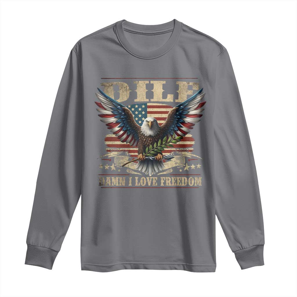 Funny 4th Of July DILF Damn I Love Freedom Long Sleeve Shirt Bald Eagle American Flag - Wonder Print Shop
