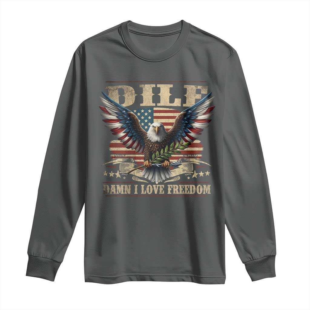 Funny 4th Of July DILF Damn I Love Freedom Long Sleeve Shirt Bald Eagle American Flag - Wonder Print Shop