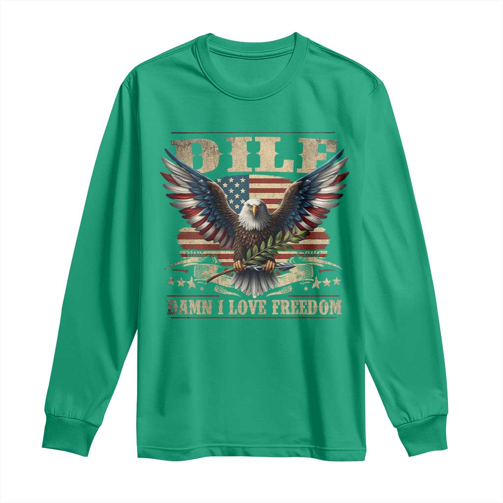 Funny 4th Of July DILF Damn I Love Freedom Long Sleeve Shirt Bald Eagle American Flag - Wonder Print Shop