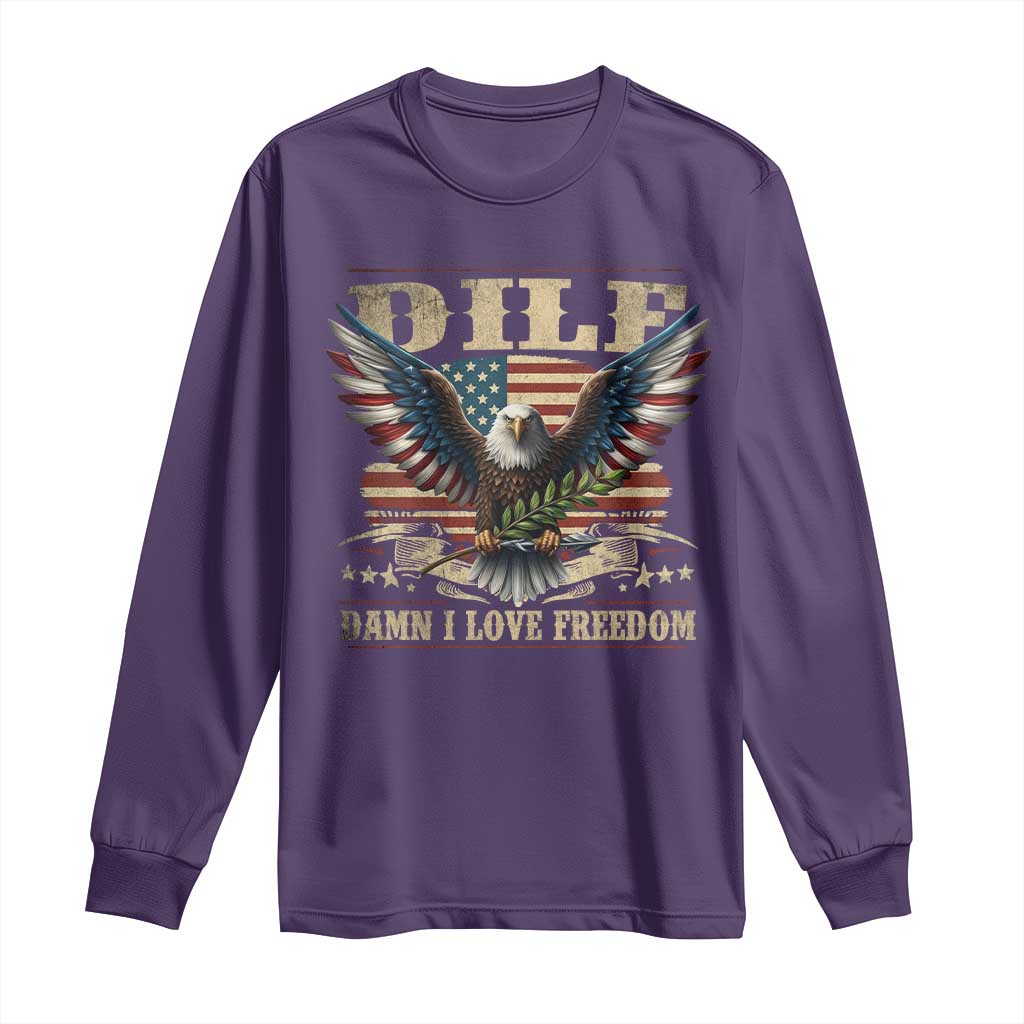 Funny 4th Of July DILF Damn I Love Freedom Long Sleeve Shirt Bald Eagle American Flag - Wonder Print Shop