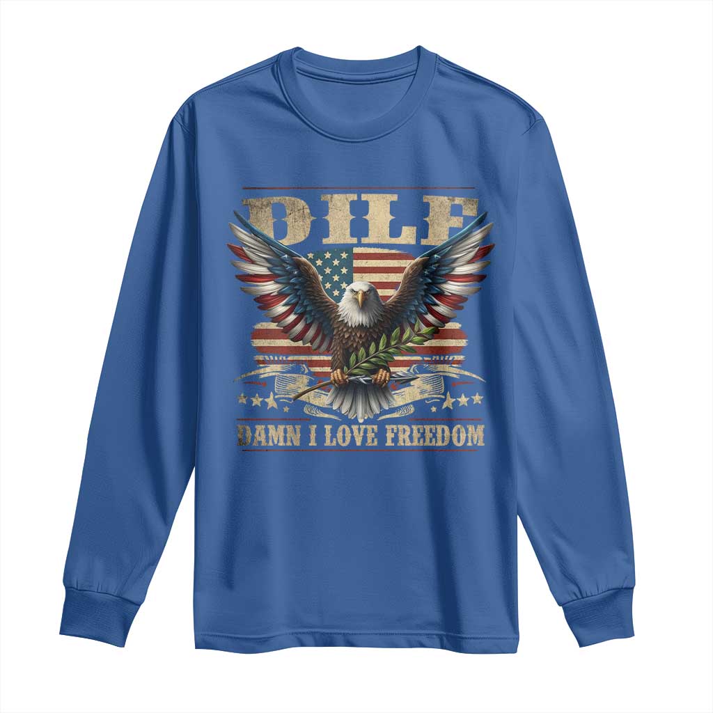 Funny 4th Of July DILF Damn I Love Freedom Long Sleeve Shirt Bald Eagle American Flag - Wonder Print Shop