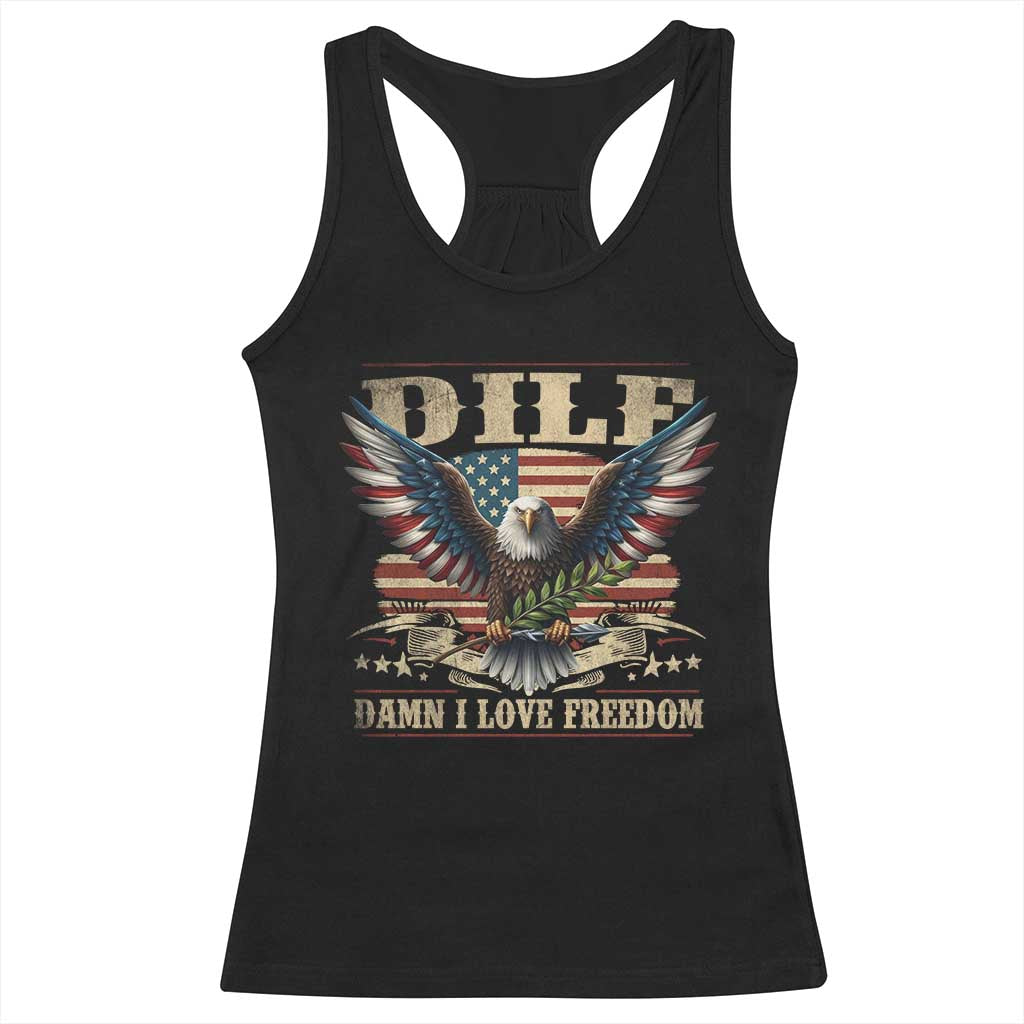 Funny 4th Of July DILF Damn I Love Freedom Racerback Tank Top Bald Eagle American Flag - Wonder Print Shop
