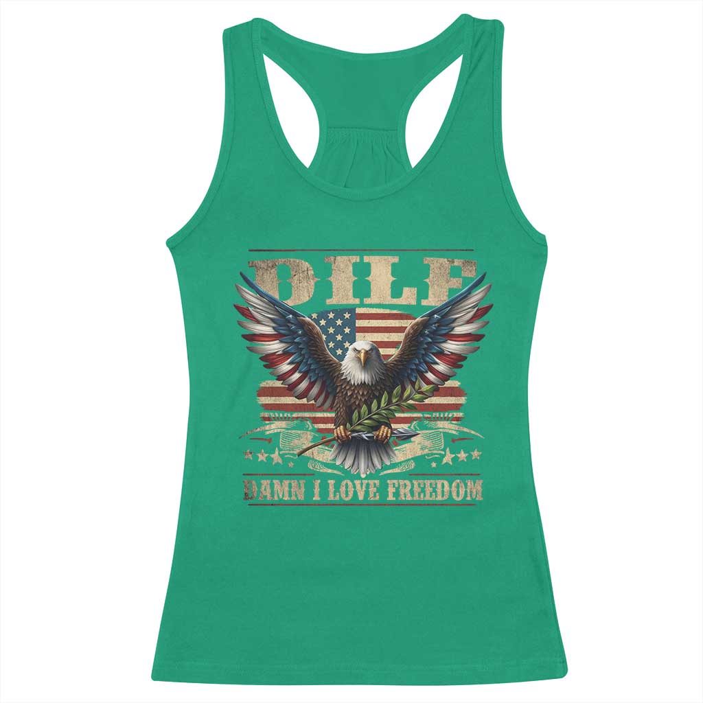 Funny 4th Of July DILF Damn I Love Freedom Racerback Tank Top Bald Eagle American Flag - Wonder Print Shop