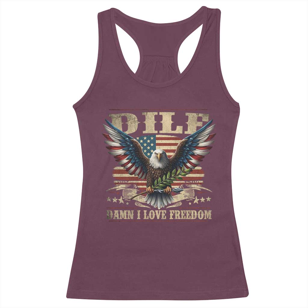 Funny 4th Of July DILF Damn I Love Freedom Racerback Tank Top Bald Eagle American Flag - Wonder Print Shop