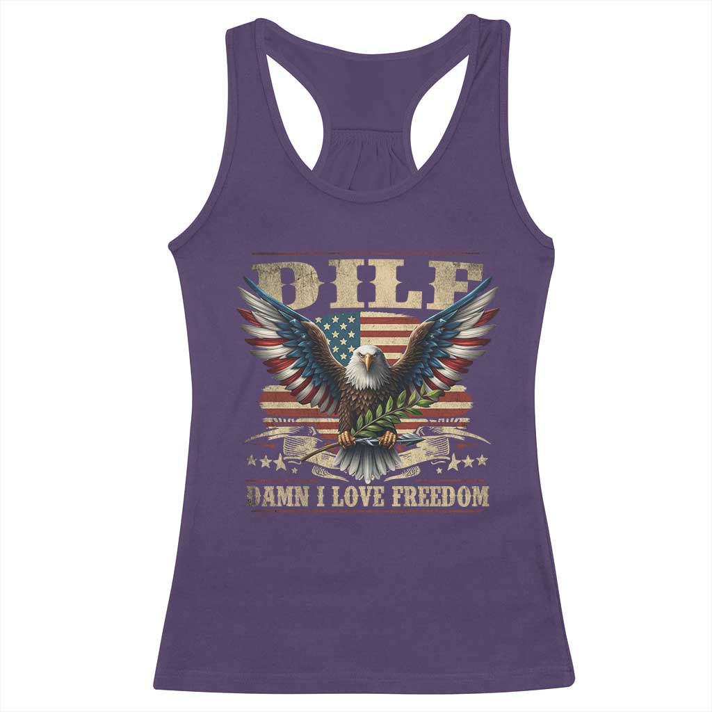 Funny 4th Of July DILF Damn I Love Freedom Racerback Tank Top Bald Eagle American Flag - Wonder Print Shop