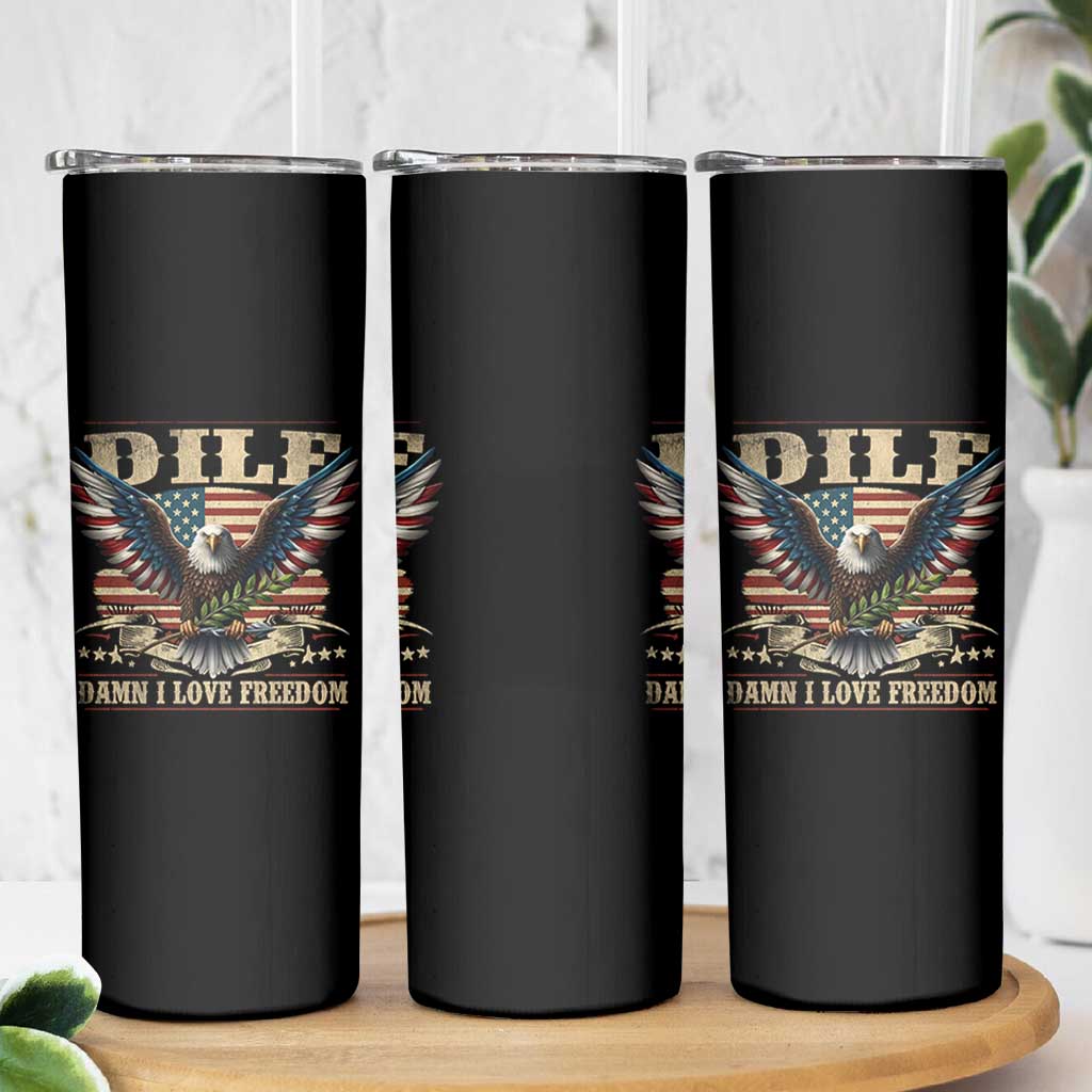 Funny 4th Of July DILF Damn I Love Freedom Skinny Tumbler Bald Eagle American Flag - Wonder Print Shop