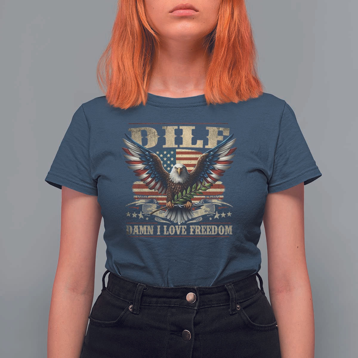 Funny 4th Of July DILF Damn I Love Freedom T Shirt For Women Bald Eagle American Flag - Wonder Print Shop