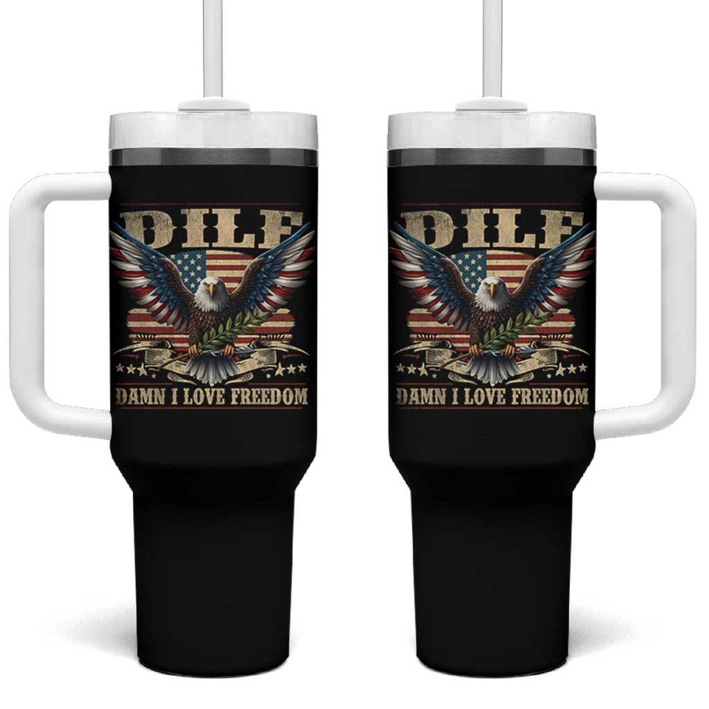 Funny 4th Of July DILF Damn I Love Freedom Tumbler With Handle Bald Eagle American Flag - Wonder Print Shop