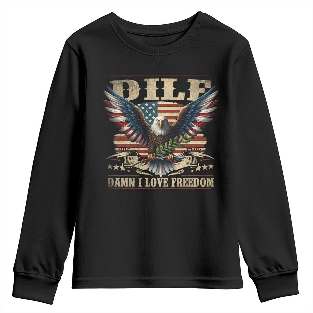 Funny 4th Of July DILF Damn I Love Freedom Youth Sweatshirt Bald Eagle American Flag - Wonder Print Shop