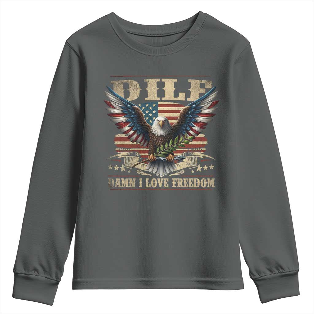 Funny 4th Of July DILF Damn I Love Freedom Youth Sweatshirt Bald Eagle American Flag - Wonder Print Shop