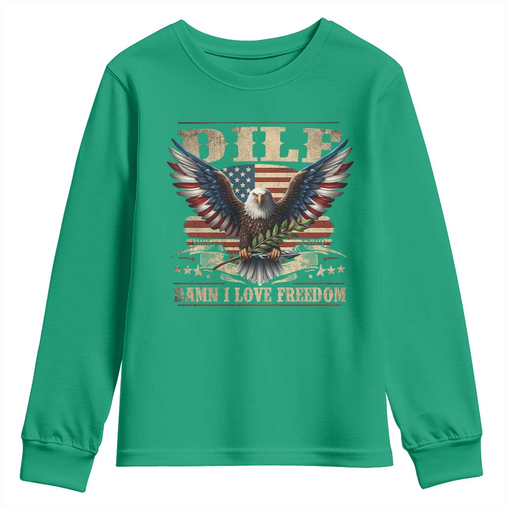 Funny 4th Of July DILF Damn I Love Freedom Youth Sweatshirt Bald Eagle American Flag - Wonder Print Shop