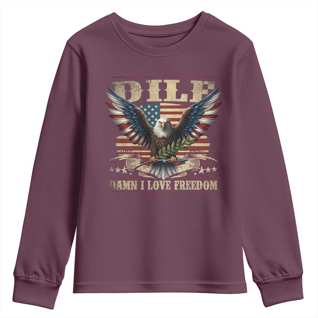 Funny 4th Of July DILF Damn I Love Freedom Youth Sweatshirt Bald Eagle American Flag - Wonder Print Shop