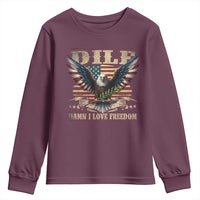 Funny 4th Of July DILF Damn I Love Freedom Youth Sweatshirt Bald Eagle American Flag - Wonder Print Shop