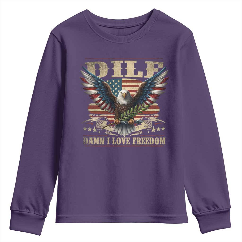 Funny 4th Of July DILF Damn I Love Freedom Youth Sweatshirt Bald Eagle American Flag - Wonder Print Shop