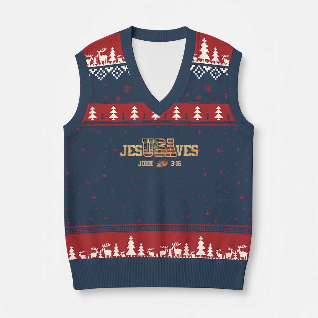 Funny Jesus Saves USA John 3 16 V-Neck Knit Sweater Vest Christian 4th Of July Bible Verse - Wonder Print Shop