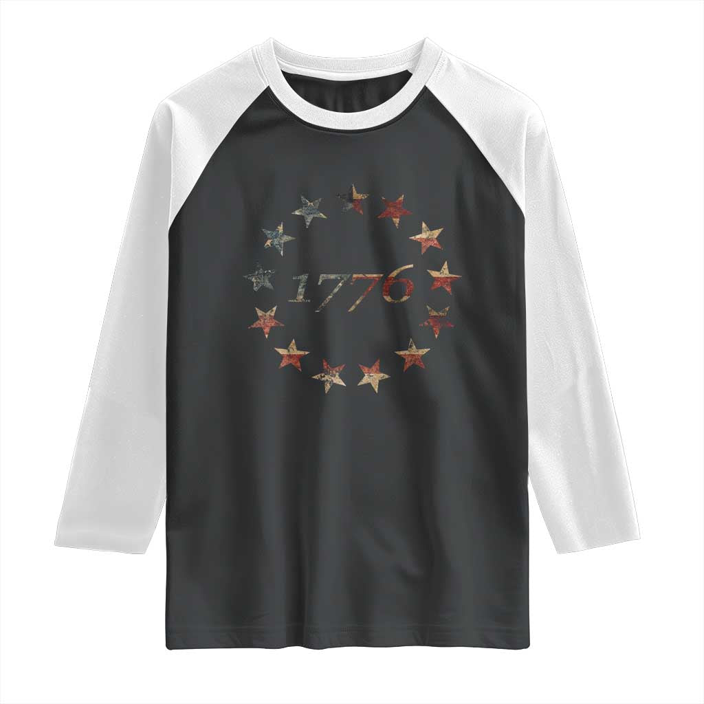 13 Star Flag Betsy Ross Distressed American Flag 1776 USA Raglan Shirt 4th Of July - Wonder Print Shop