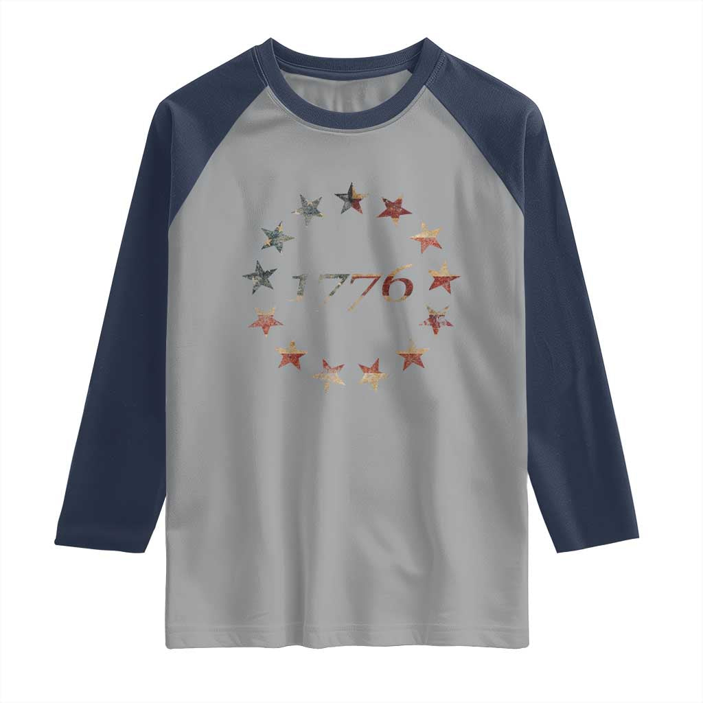 13 Star Flag Betsy Ross Distressed American Flag 1776 USA Raglan Shirt 4th Of July - Wonder Print Shop