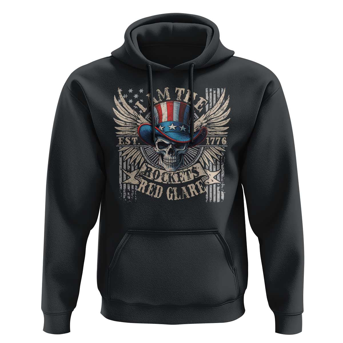 Funny 4th Of July Patriotic Skull Hoodie I Am The Rockets Red Glare EST 1776 - Wonder Print Shop