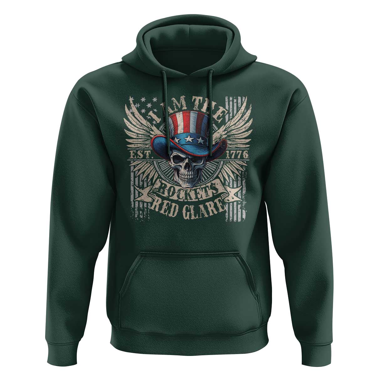 Funny 4th Of July Patriotic Skull Hoodie I Am The Rockets Red Glare EST 1776 - Wonder Print Shop