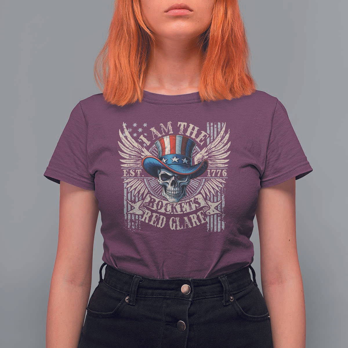 Funny 4th Of July Patriotic Skull T Shirt For Women I Am The Rockets Red Glare EST 1776 - Wonder Print Shop