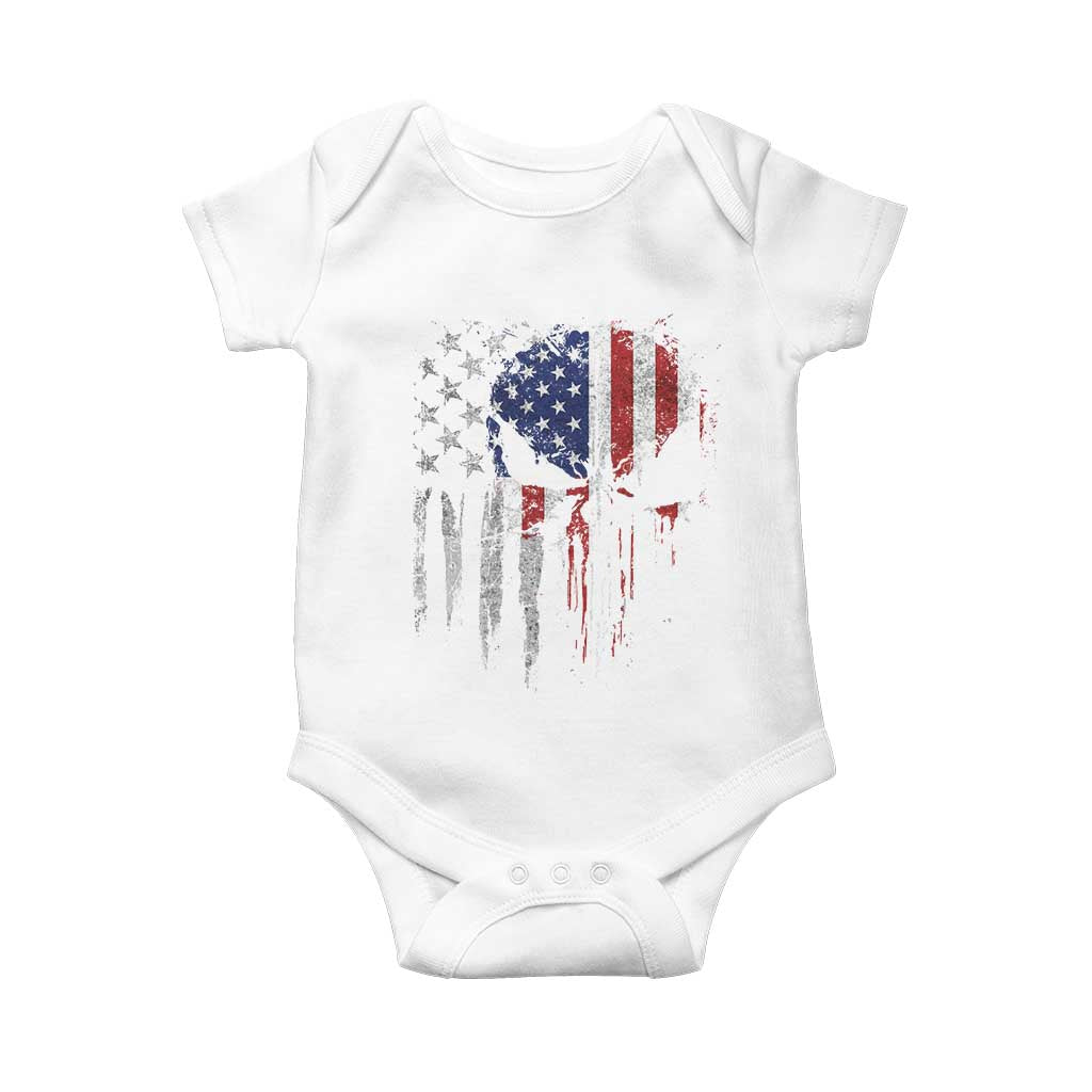 Funny 4th Of July Vintage American Flag Skull Skeleton Baby Onesie - Wonder Print Shop