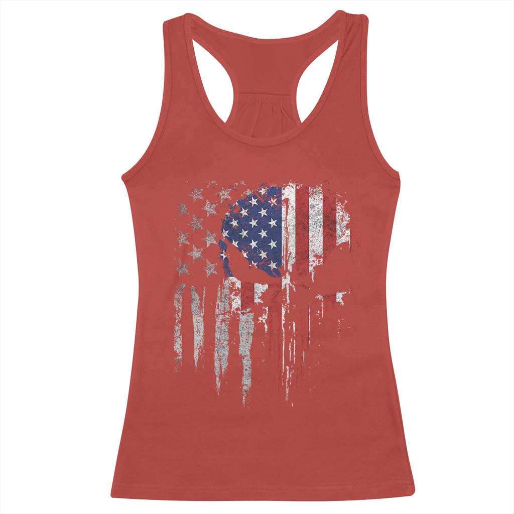 Funny 4th Of July Vintage American Flag Skull Skeleton Racerback Tank Top - Wonder Print Shop