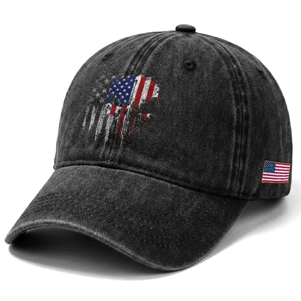 Funny 4th Of July Vintage American Flag Skull Skeleton Washed Cotton Baseball Cap