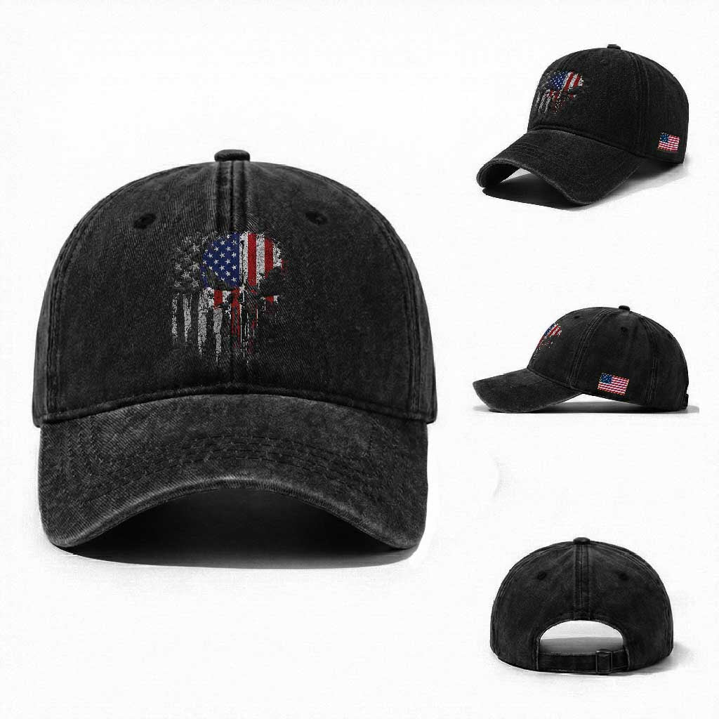 Funny 4th Of July Vintage American Flag Skull Skeleton Washed Cotton Baseball Cap